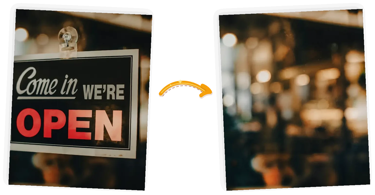 The sign edit: the same glass door with the sign gone and the blurred interior visible behind the glass