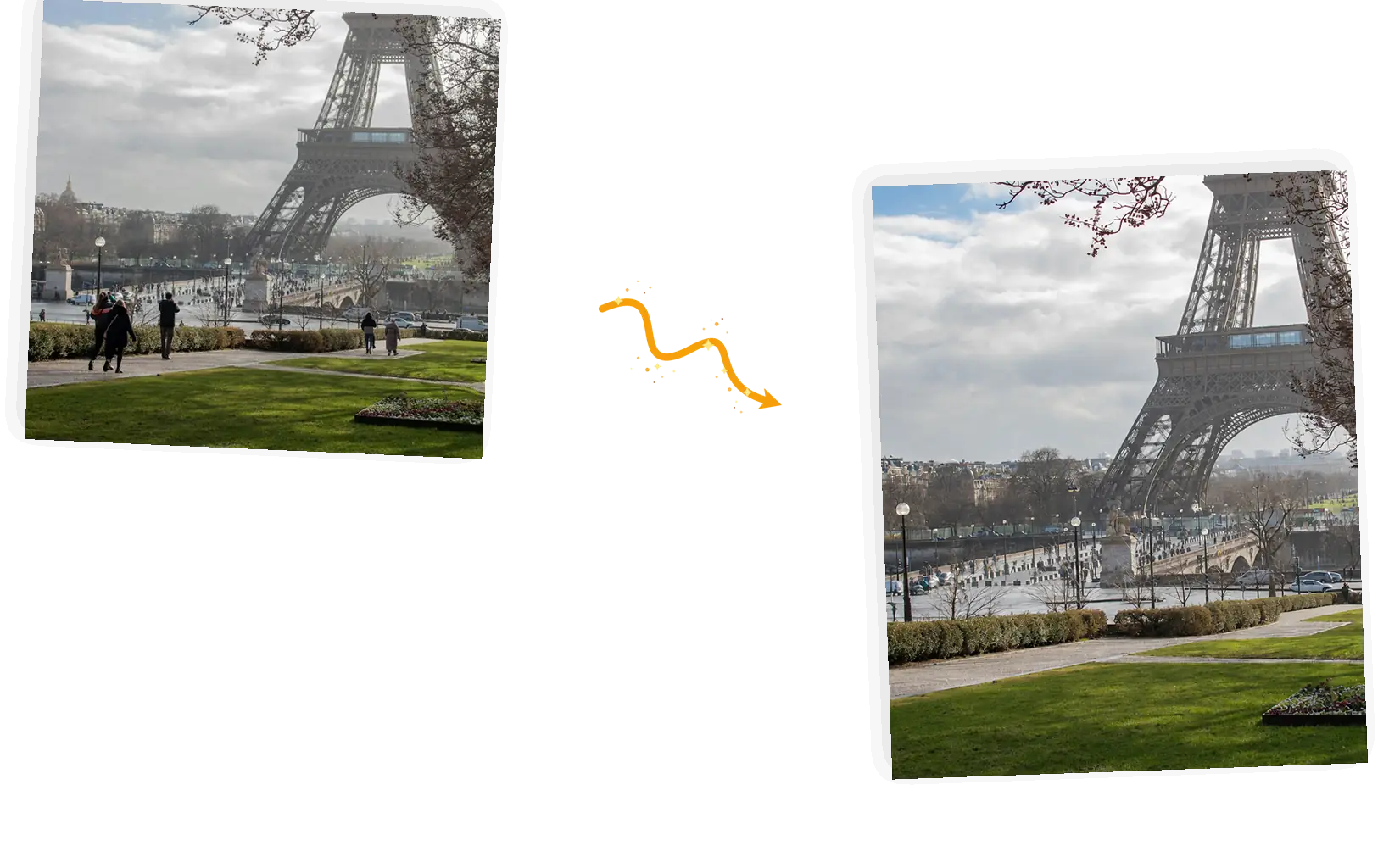 The named removal: the same Eiffel Tower path with the foreground pedestrians gone and the gardens intact