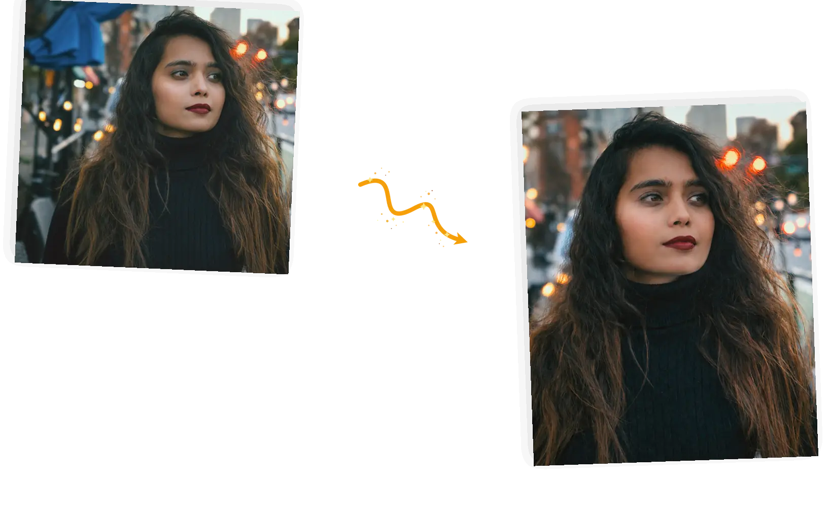 The kept subject: the same portrait with her face, hair, and pose unchanged after the background umbrella was removed