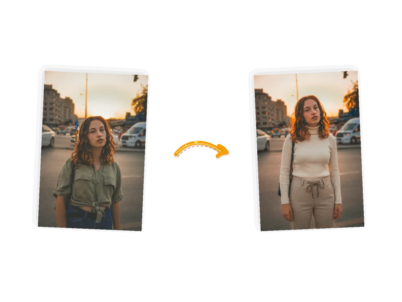 Street photo of a woman before and after a swap to a cream turtleneck and beige trousers