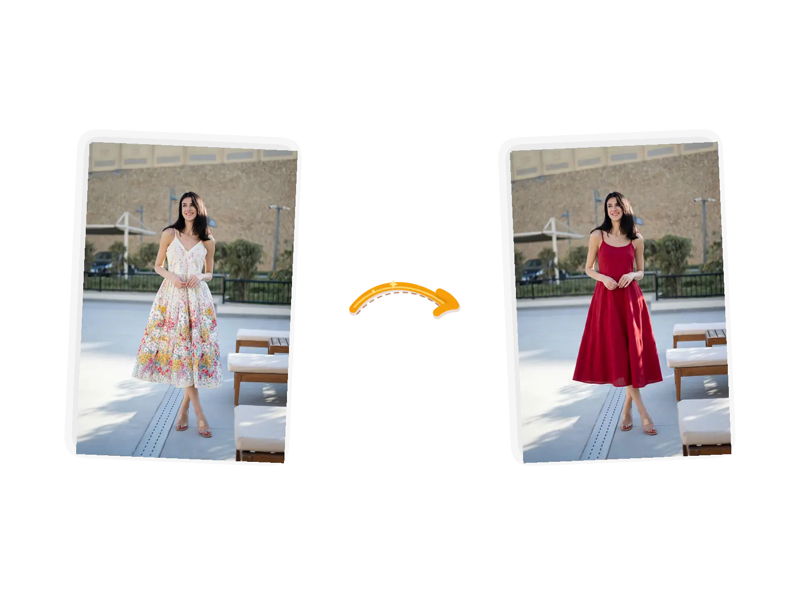 Plaza photo of a woman before and after her floral dress becomes a red midi dress