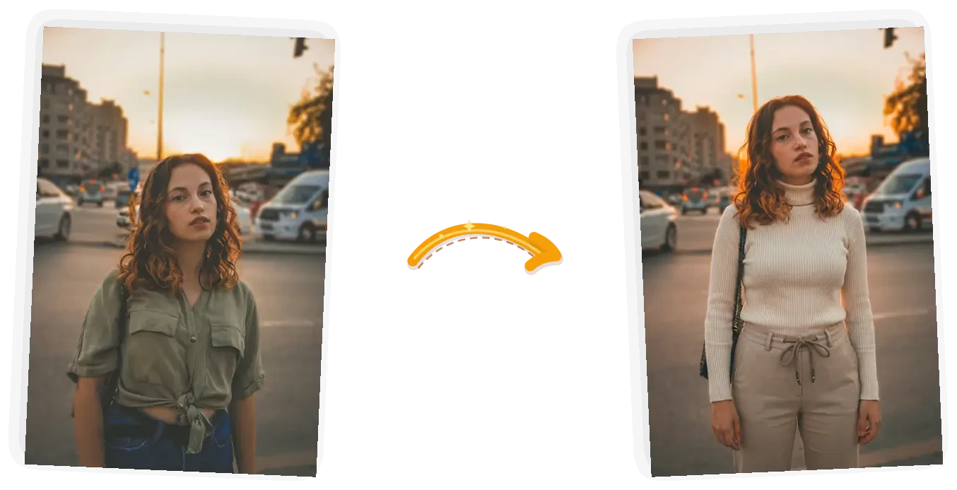 Street photo of a woman before and after a swap to a cream turtleneck and beige trousers