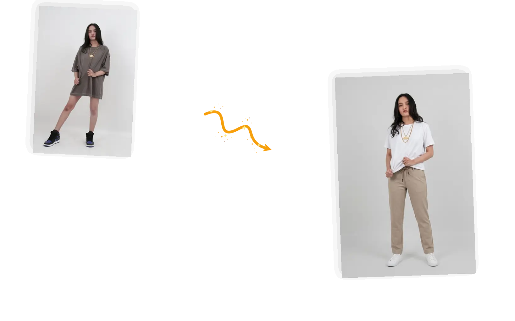 A woman in an oversized tee before and after a prompted outfit swap