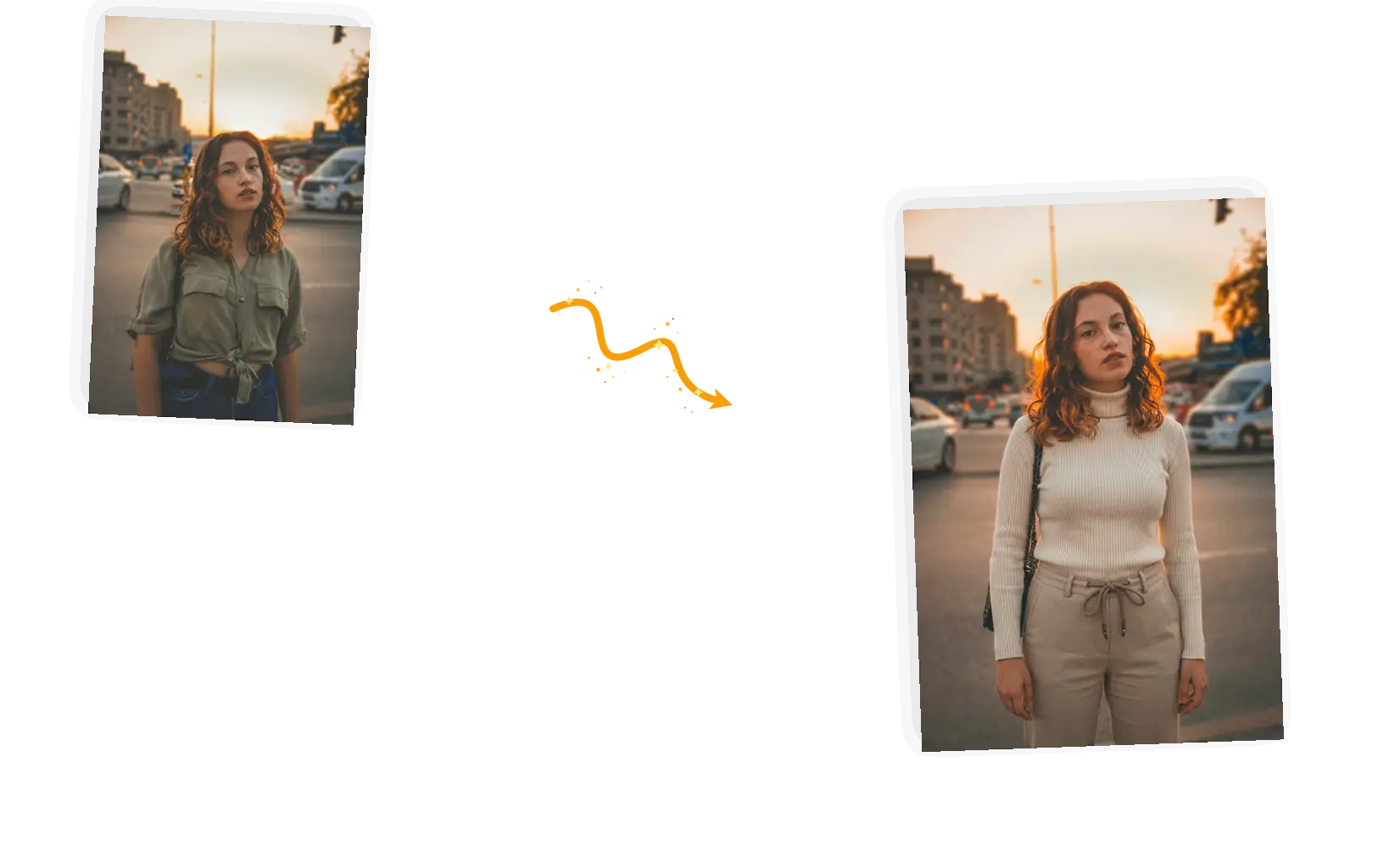The same woman before and after an outfit swap with her face and pose intact