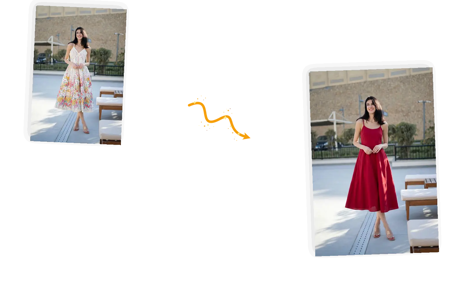 A floral sundress changed into a red midi dress in the same plaza