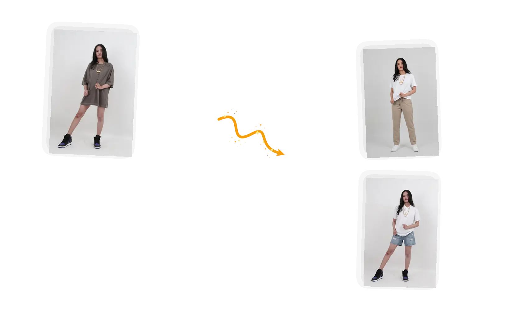 One input photo beside two different generated outfits