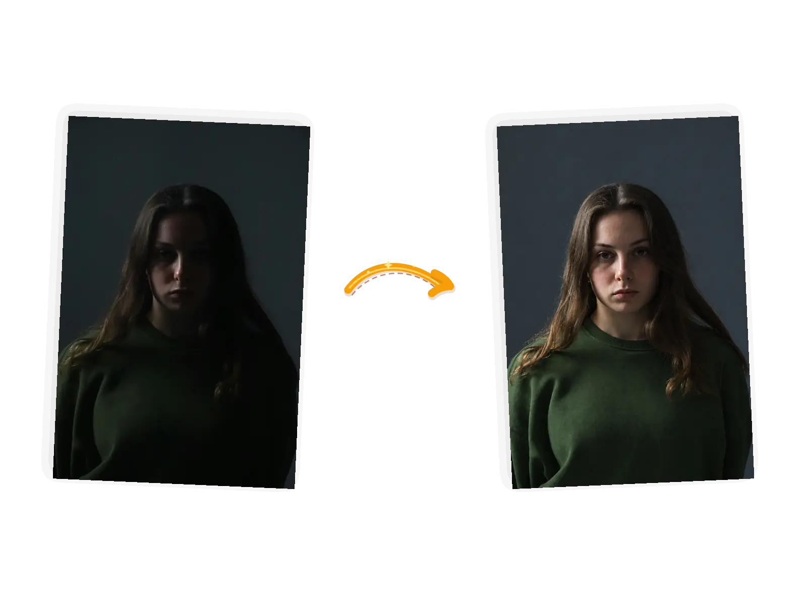 The light fix: the same portrait brightened so her face and sweater are clearly visible