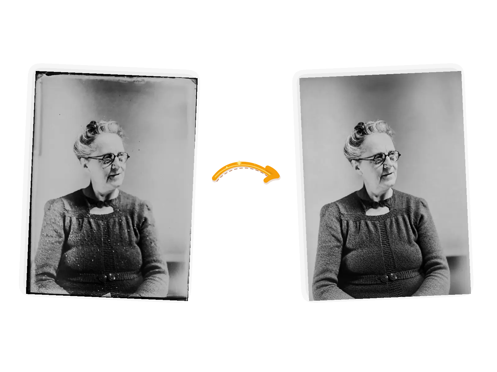 The restore edit: the same studio portrait with the dust, scratches, and worn edges repaired