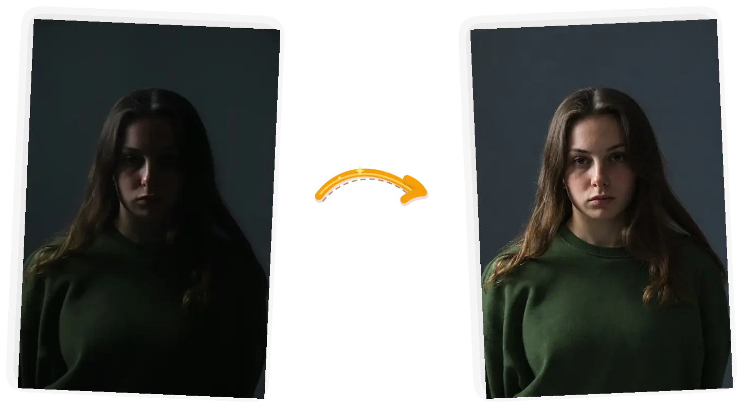 The light fix: the same portrait brightened so her face and sweater are clearly visible
