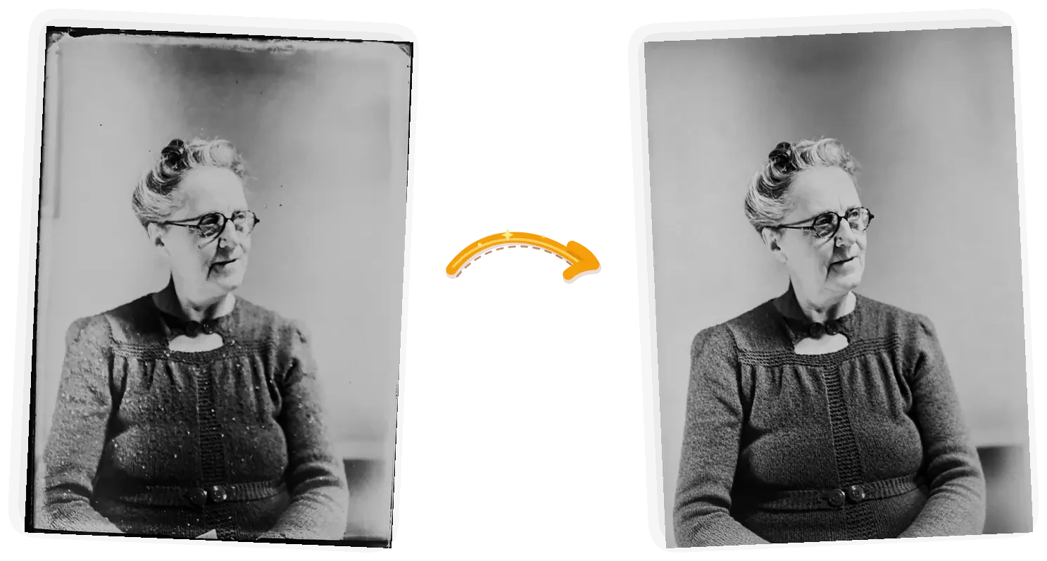 The restore edit: the same studio portrait with the dust, scratches, and worn edges repaired