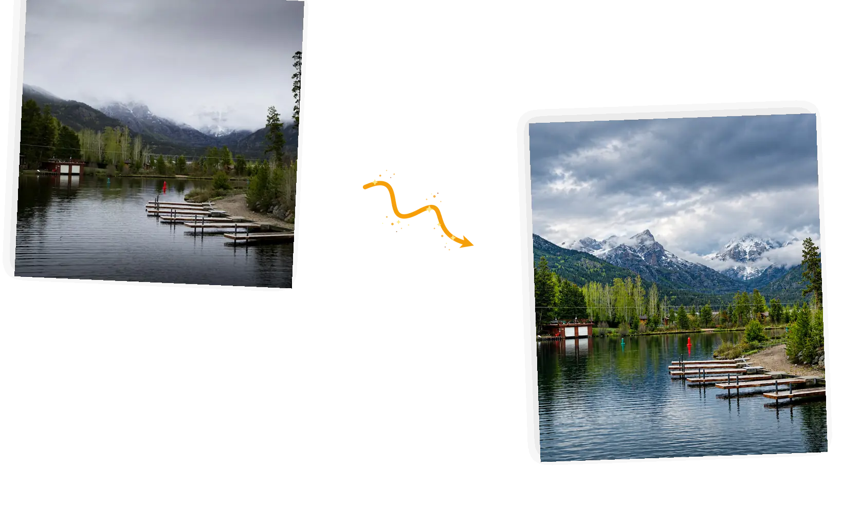 The balanced frame: the same lake and docks with contrast and color depth recovered