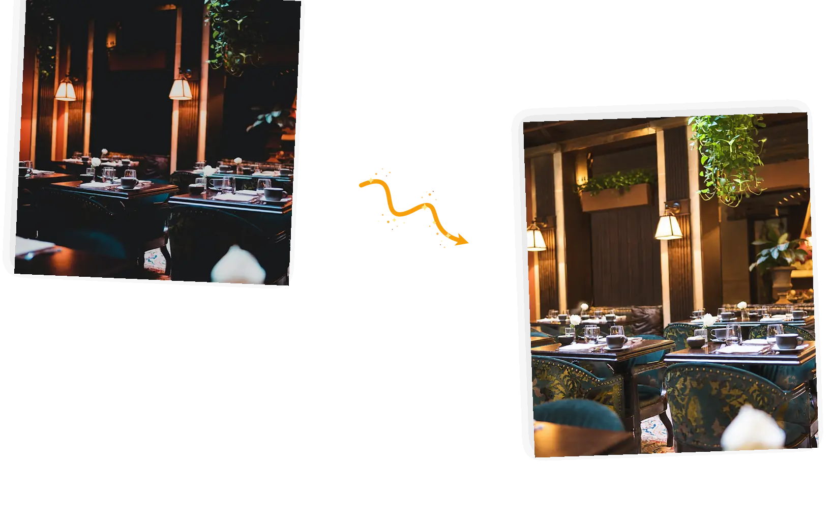 The rerun: the same restaurant interior with the exposure raised and the warm light kept