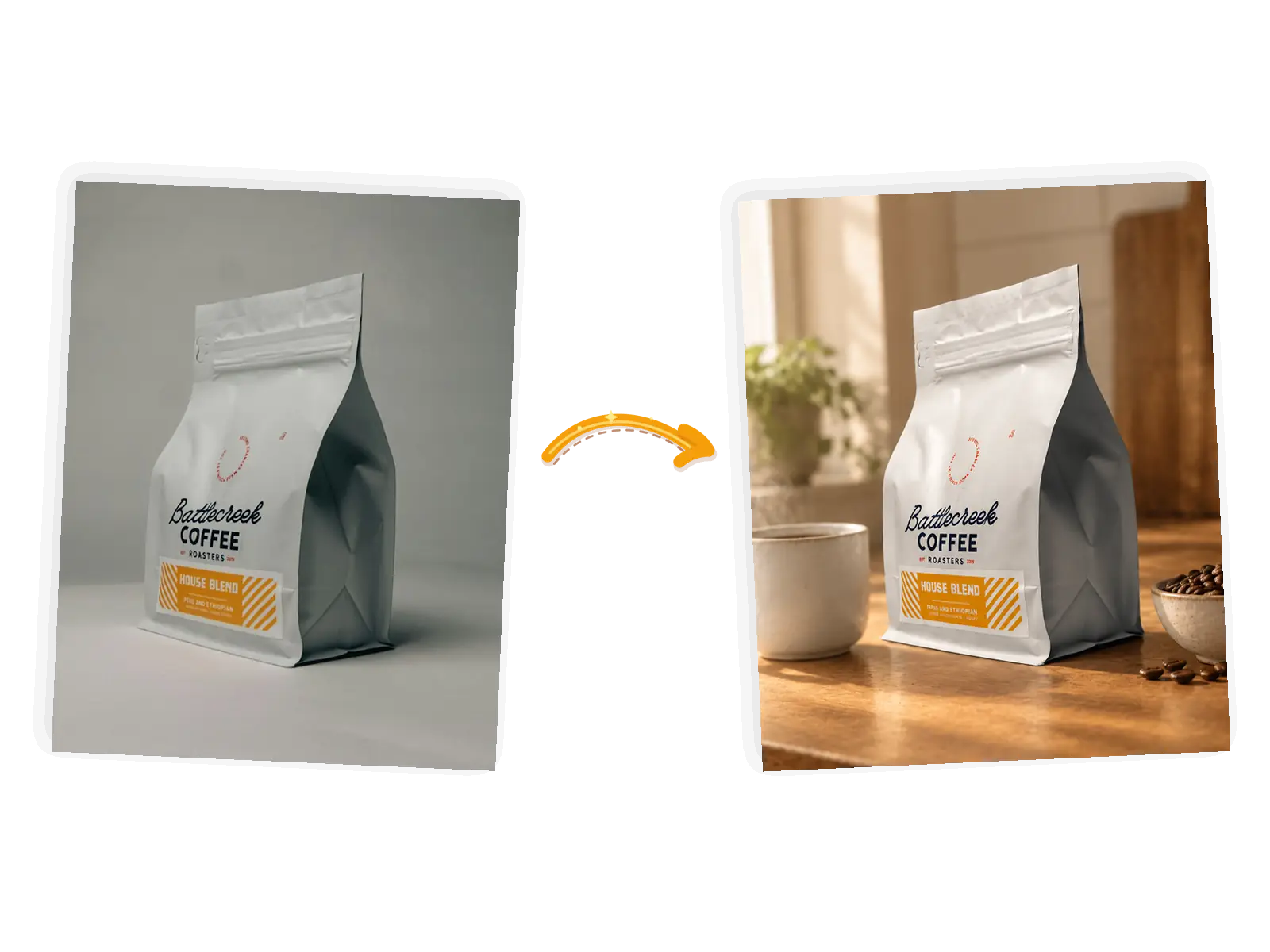 The lifestyle scene: the coffee bag sits on a kitchen counter with a cup and beans while the label stays