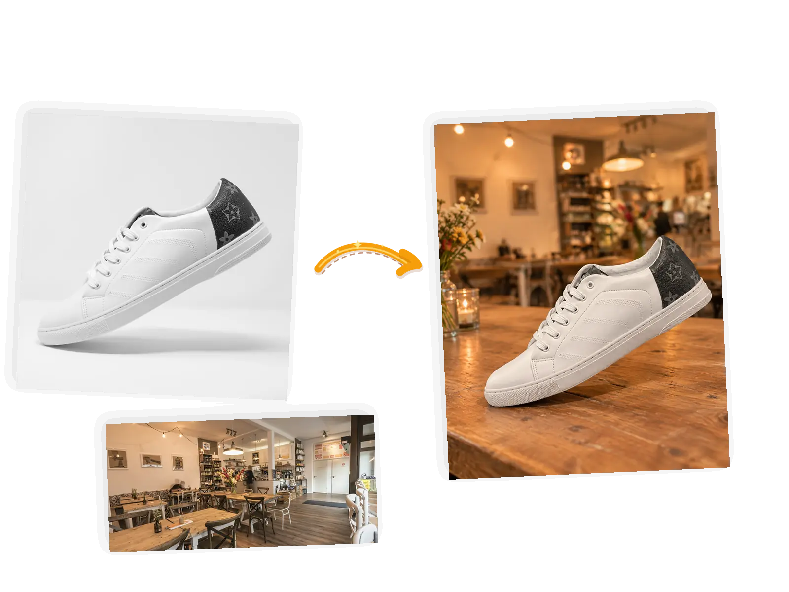 The reference match: the sneaker lands in a warm wooden scene like the second photo while the shoe stays