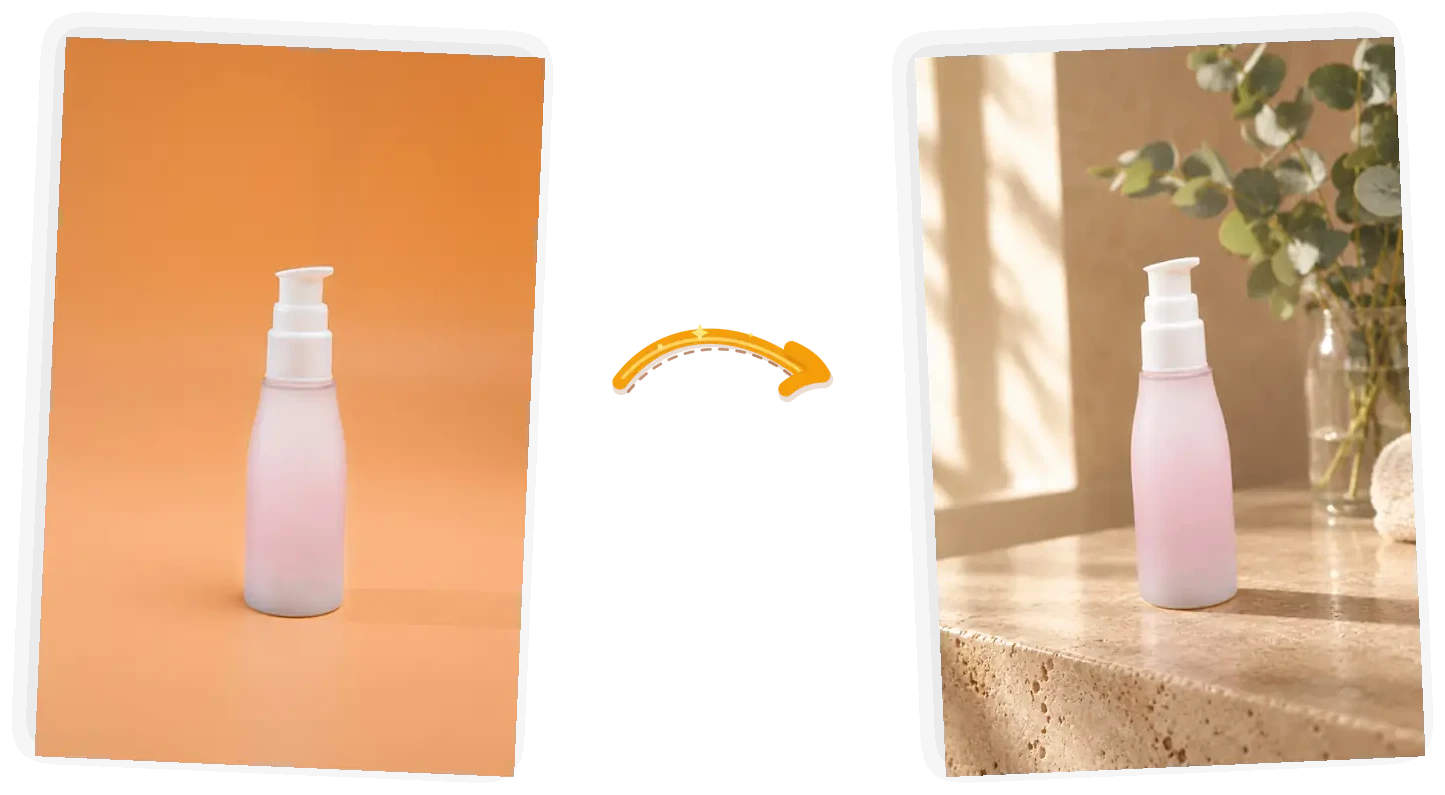The scene swap: the pump bottle moves to a travertine ledge in warm light while the bottle itself stays
