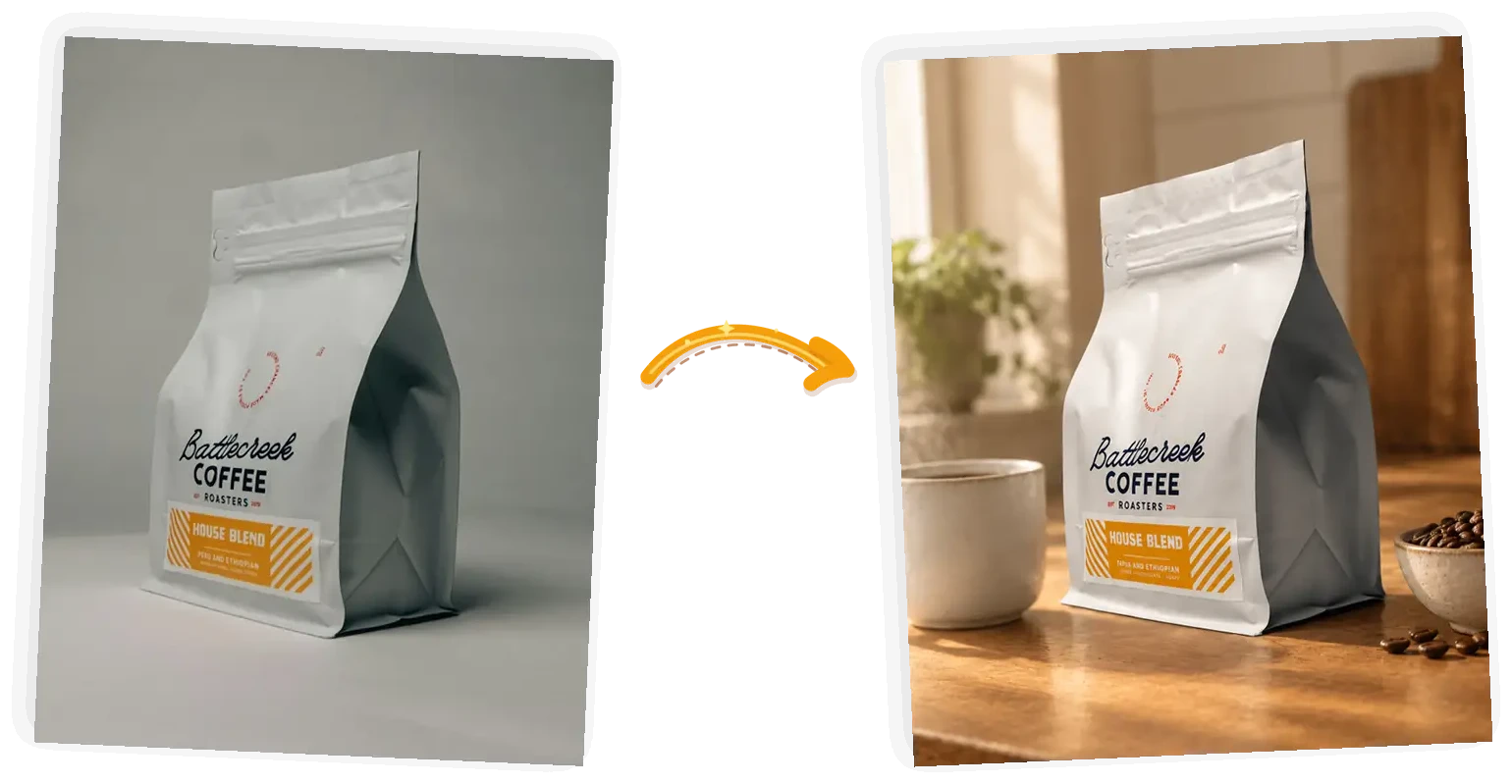The lifestyle scene: the coffee bag sits on a kitchen counter with a cup and beans while the label stays