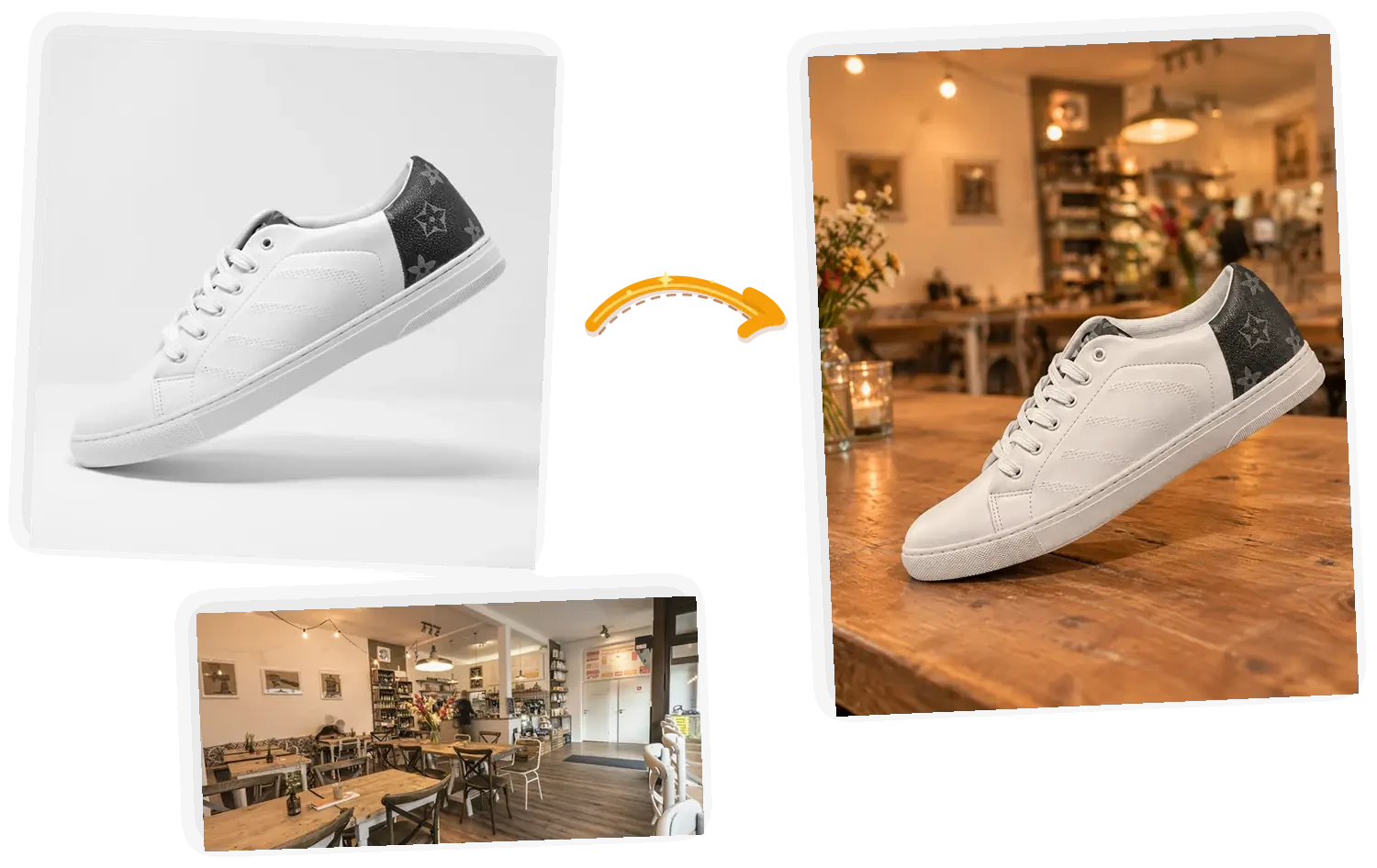 The reference match: the sneaker lands in a warm wooden scene like the second photo while the shoe stays