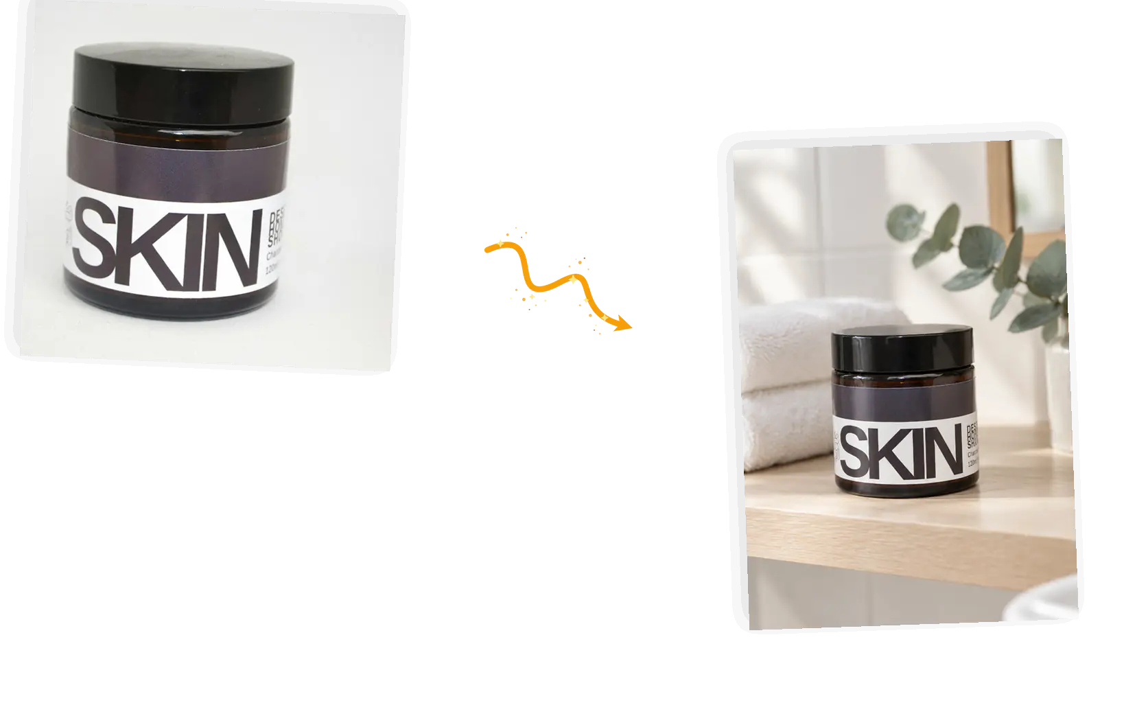A jar with a bold SKIN label sits on a bathroom shelf while the label text stays exactly as photographed