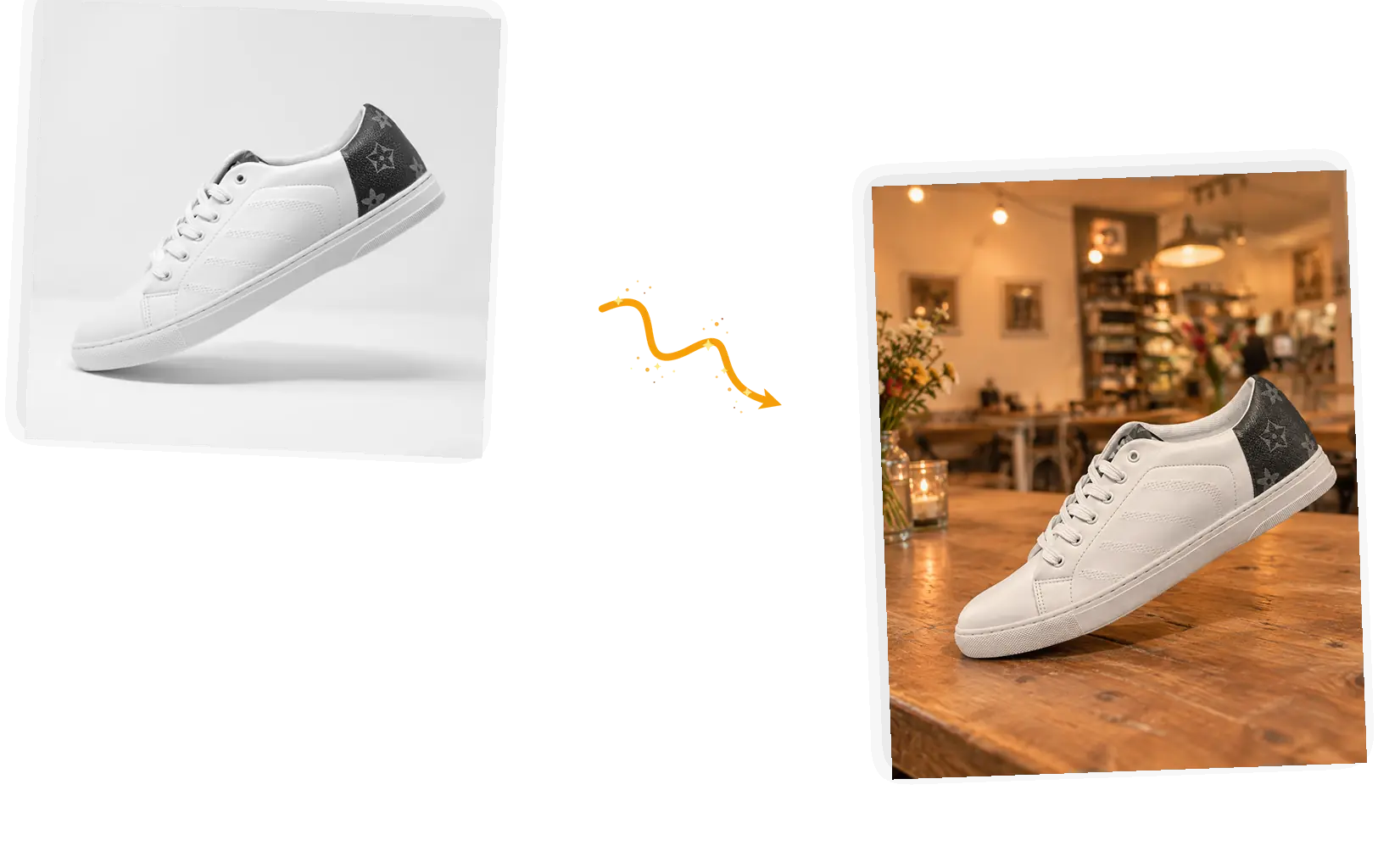 A white sneaker is placed into a warm wooden scene that matches a second reference photo