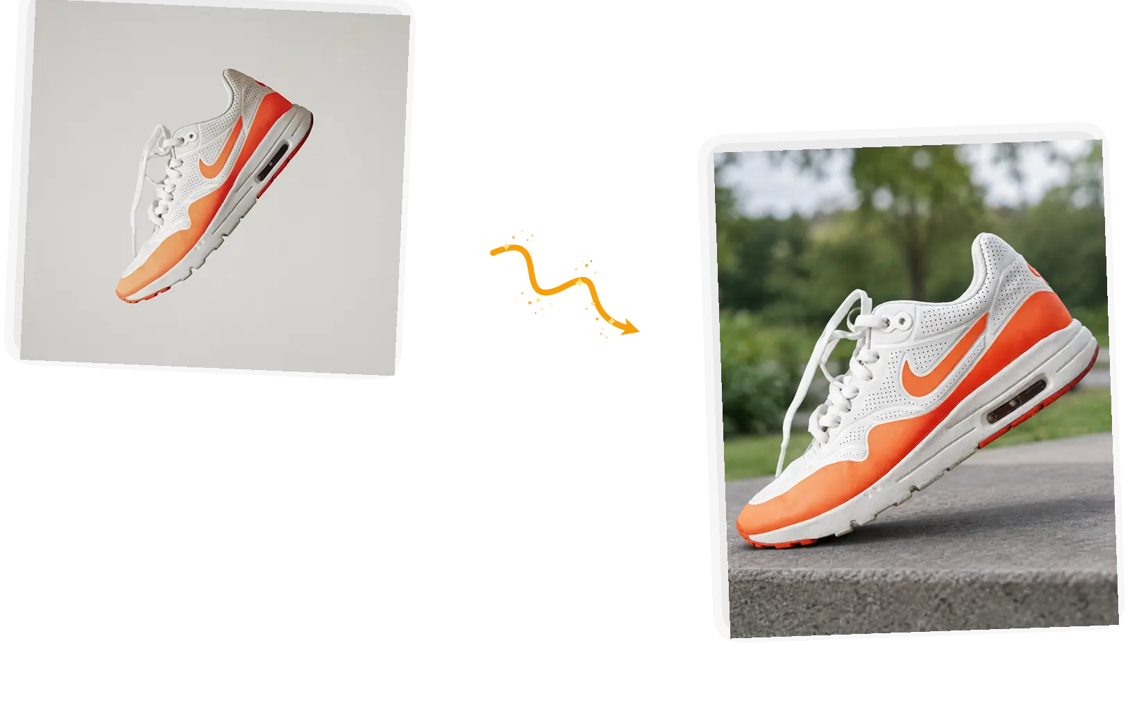 A white and orange sneaker moves from a plain background onto a concrete step with greenery behind it