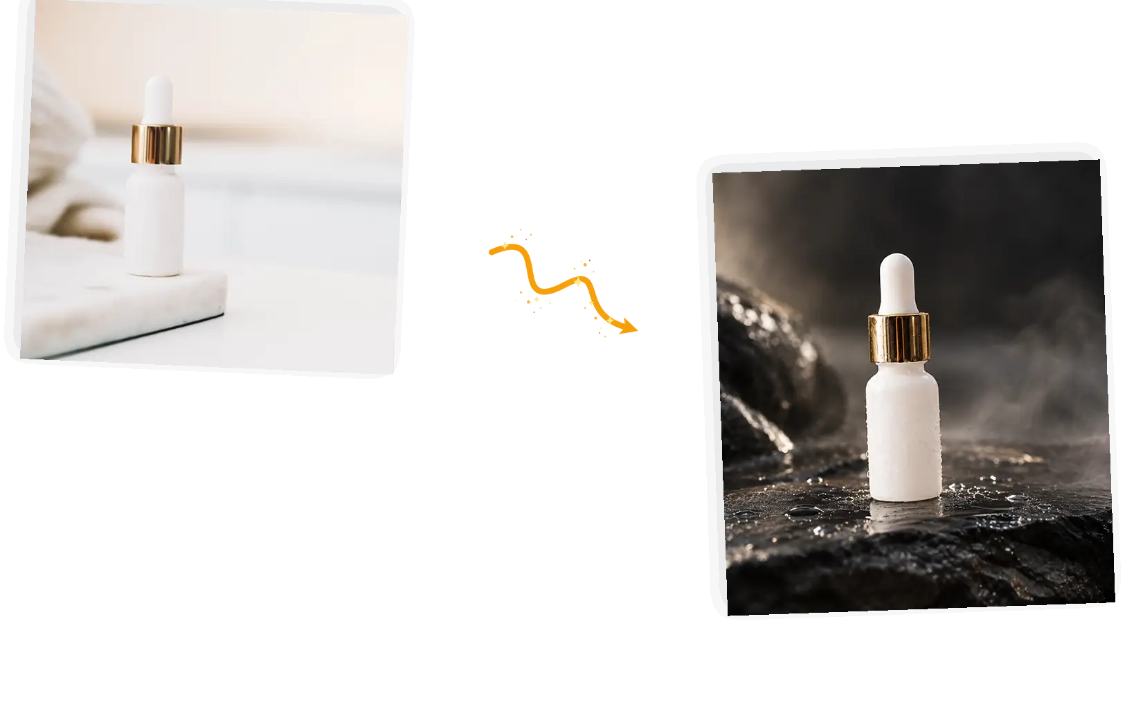 A white dropper bottle rests on dark wet slate while the moody light keeps the gold cap legible