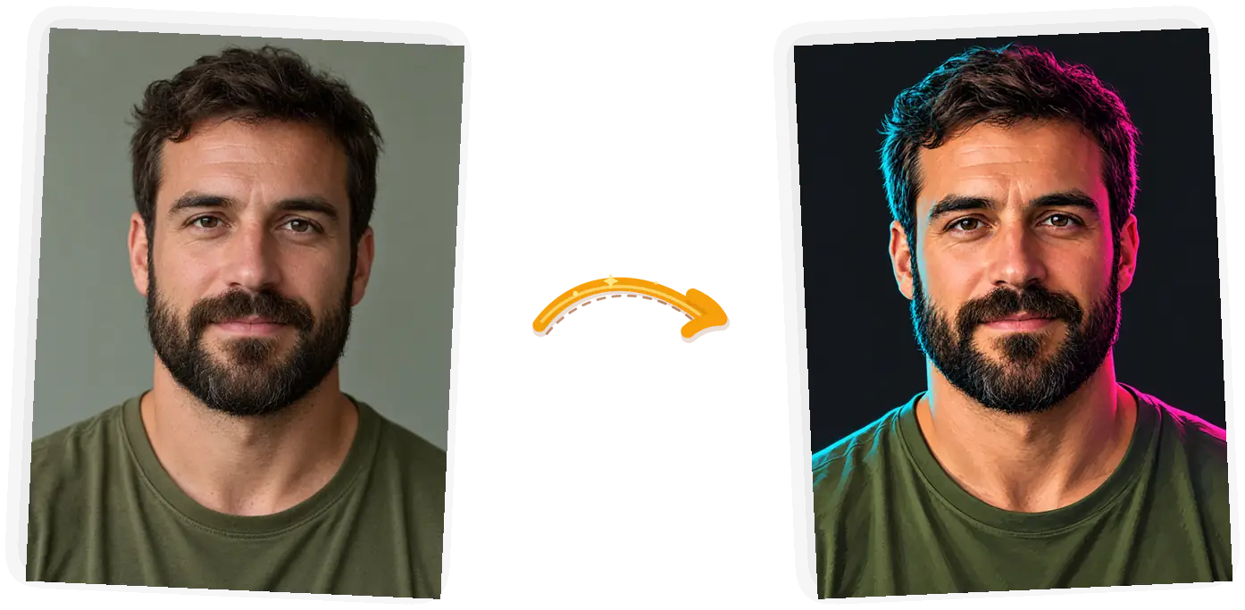 The style: neon rim light on a dark background, same face angle.
