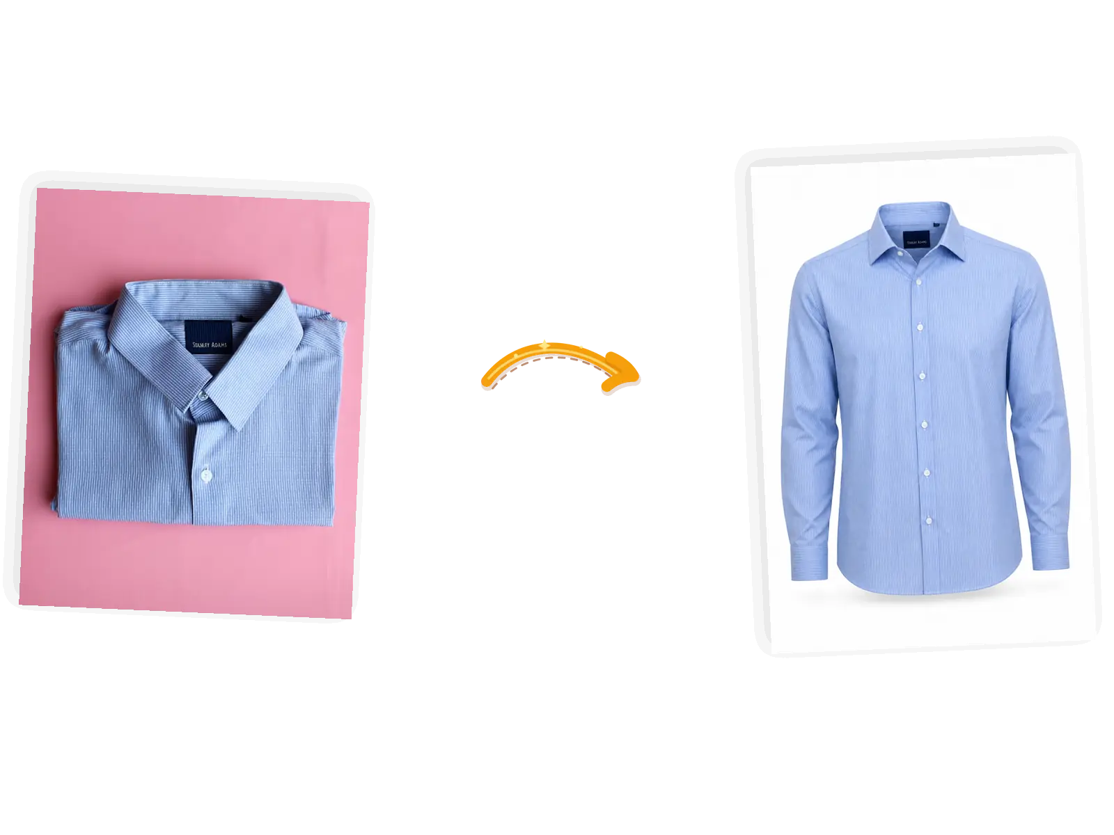 The striped shirt edit: the folded flat lay stands up as a ghost mannequin shot with its label kept