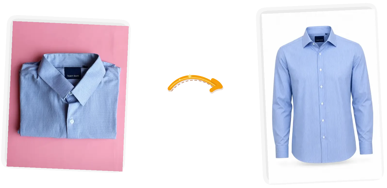 The striped shirt edit: the folded flat lay stands up as a ghost mannequin shot with its label kept