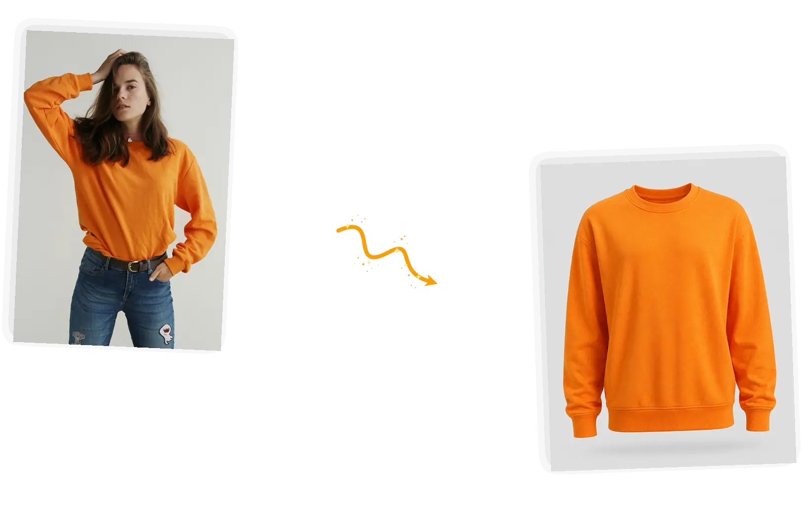 An orange sweatshirt photographed on a model becomes a ghost mannequin shot on a plain background