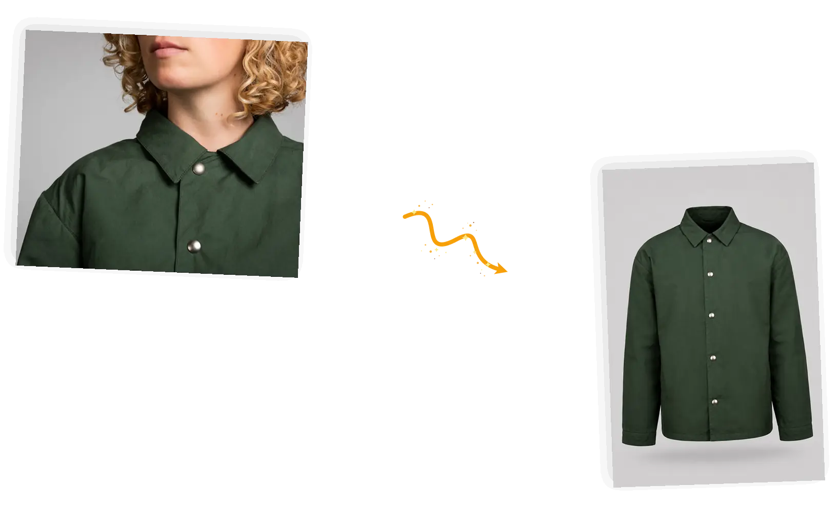 A green chore jacket keeps its spread collar and snap buttons as a ghost mannequin shot
