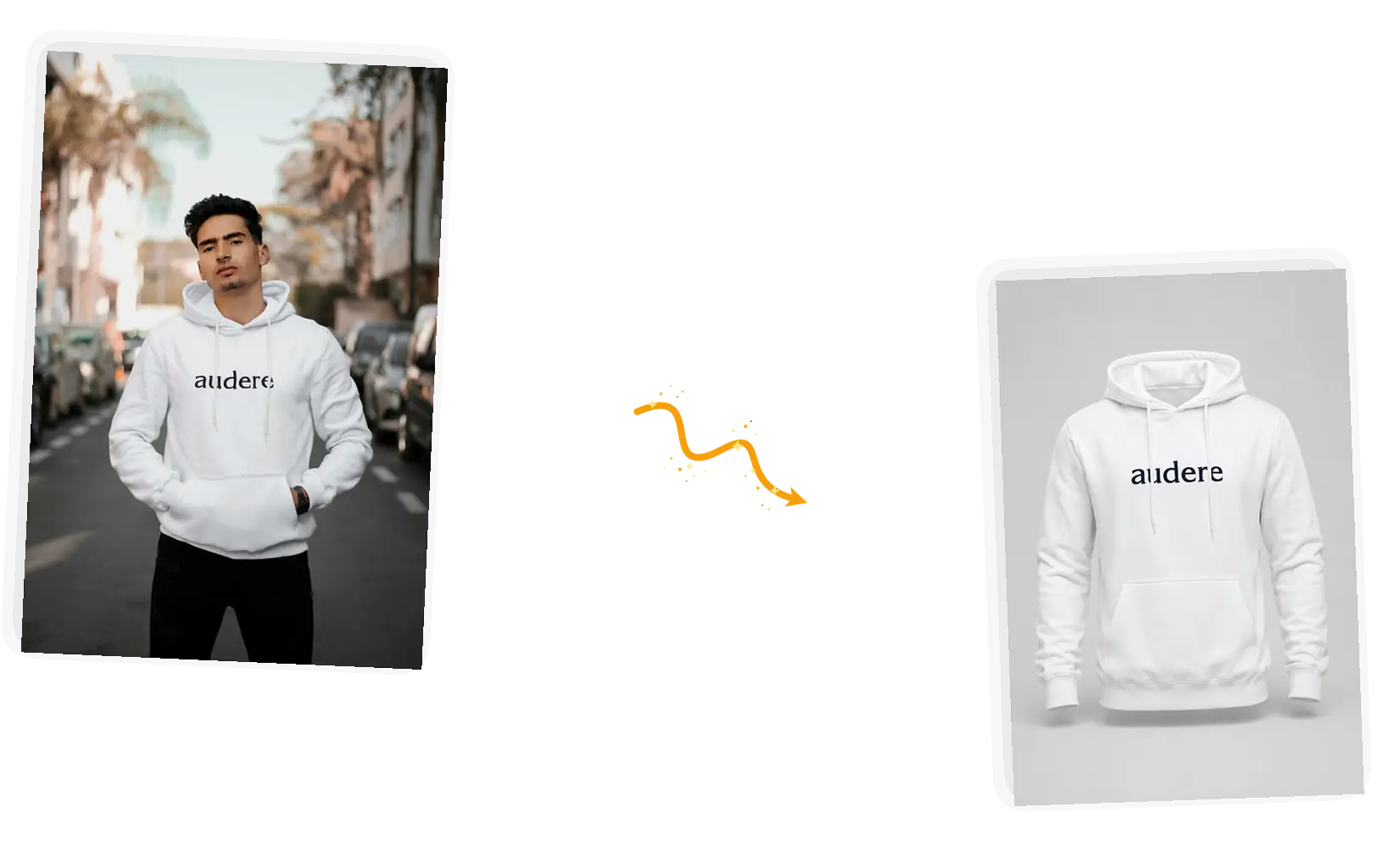A white printed hoodie leaves the street backdrop behind as a ghost mannequin shot