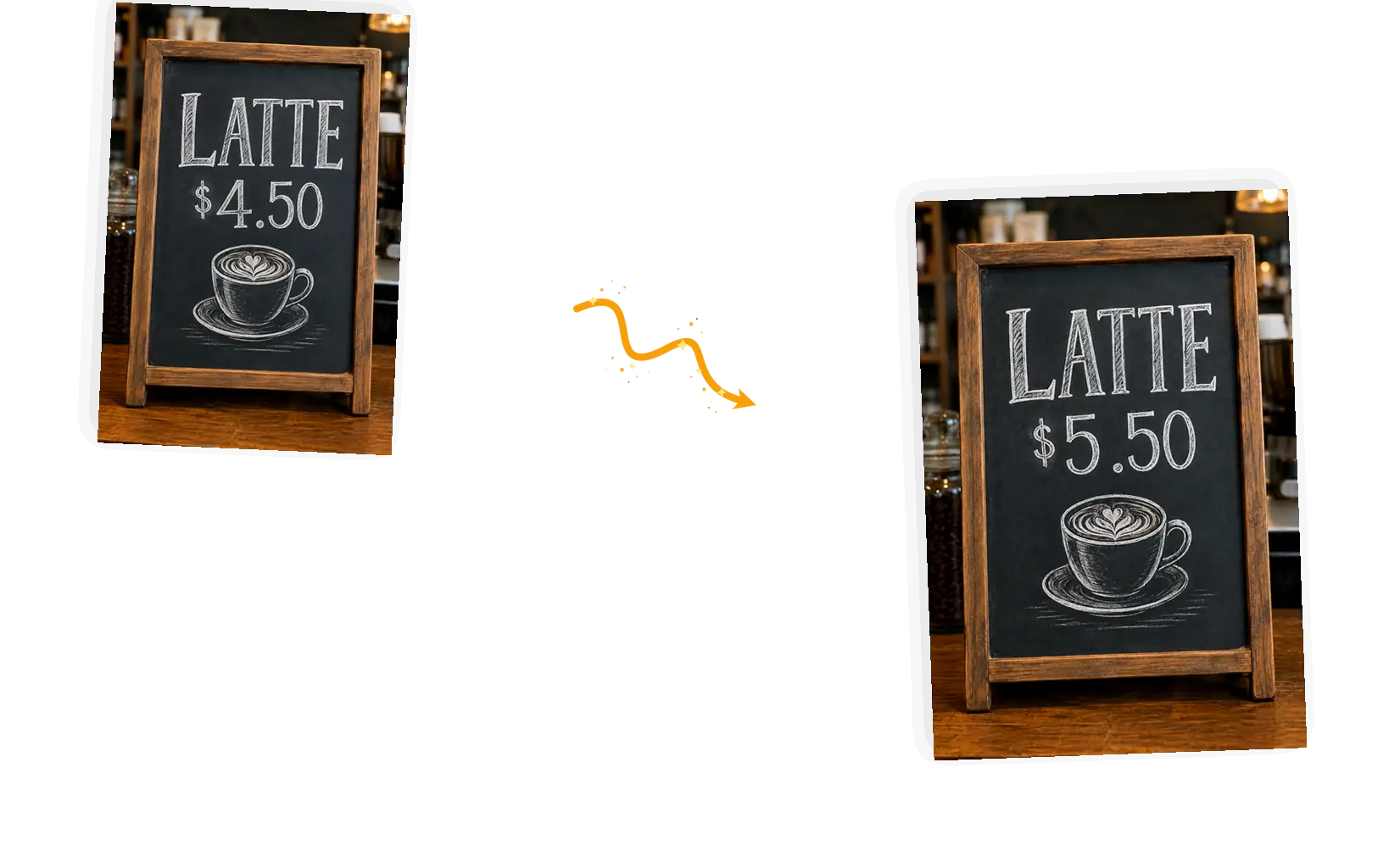 A cafe menu's chalk price changes from 4.50 to 5.50 dollars after one prompt