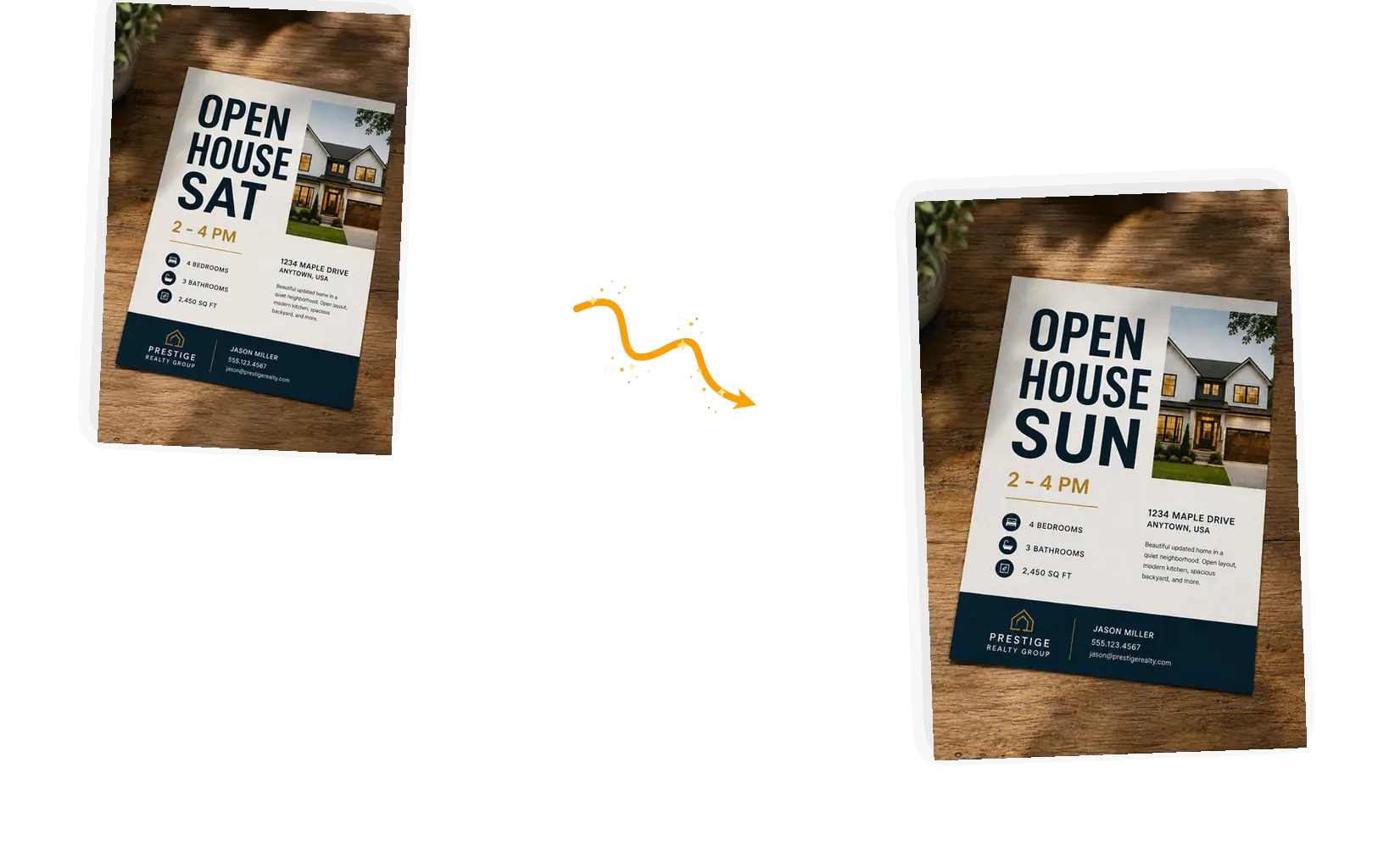 A real estate flyer's headline changes from Sat to Sun with the layout untouched