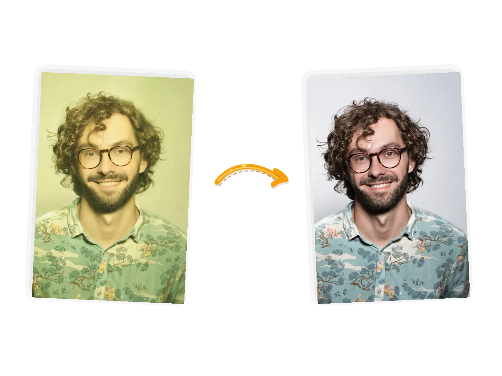 The portrait edit: the yellow-green cast lifts and real skin texture returns while his face, glasses, and shirt stay