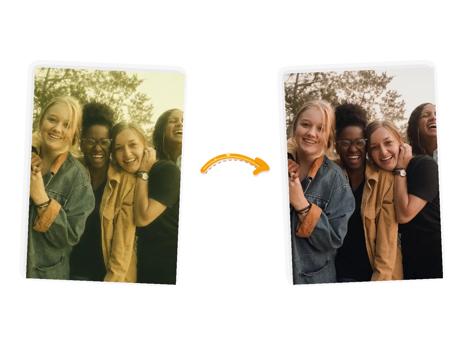 The group edit: the hazy green wash clears into natural daylight while all four faces and outfits stay