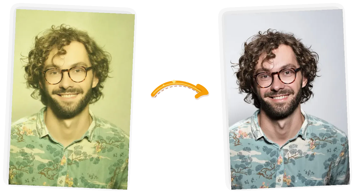 The portrait edit: the yellow-green cast lifts and real skin texture returns while his face, glasses, and shirt stay