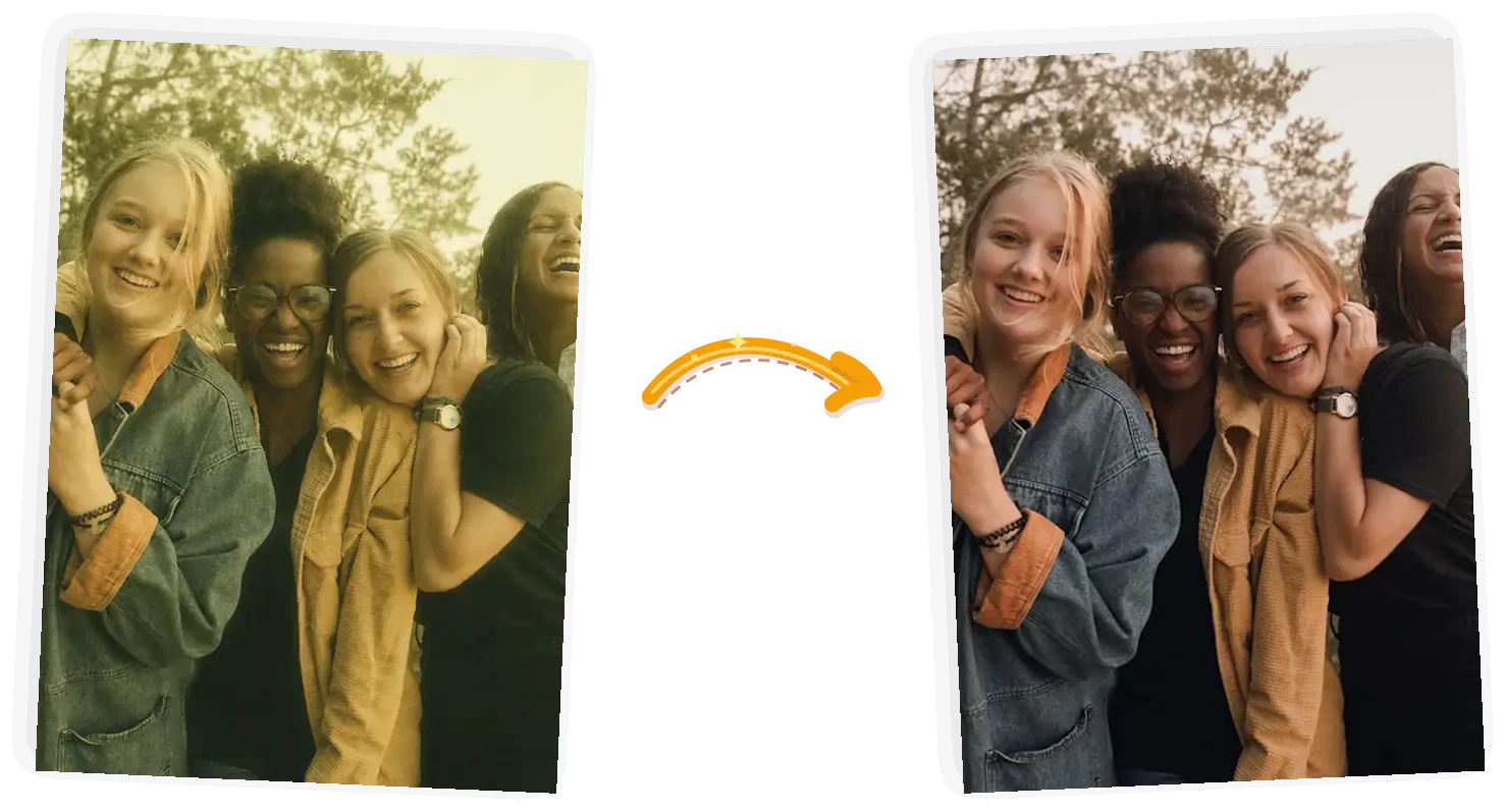 The group edit: the hazy green wash clears into natural daylight while all four faces and outfits stay