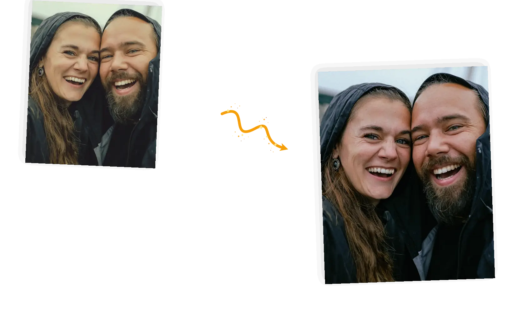 Two laughing faces keep their expressions and hoodies while the flat filtered color gives way to natural tones