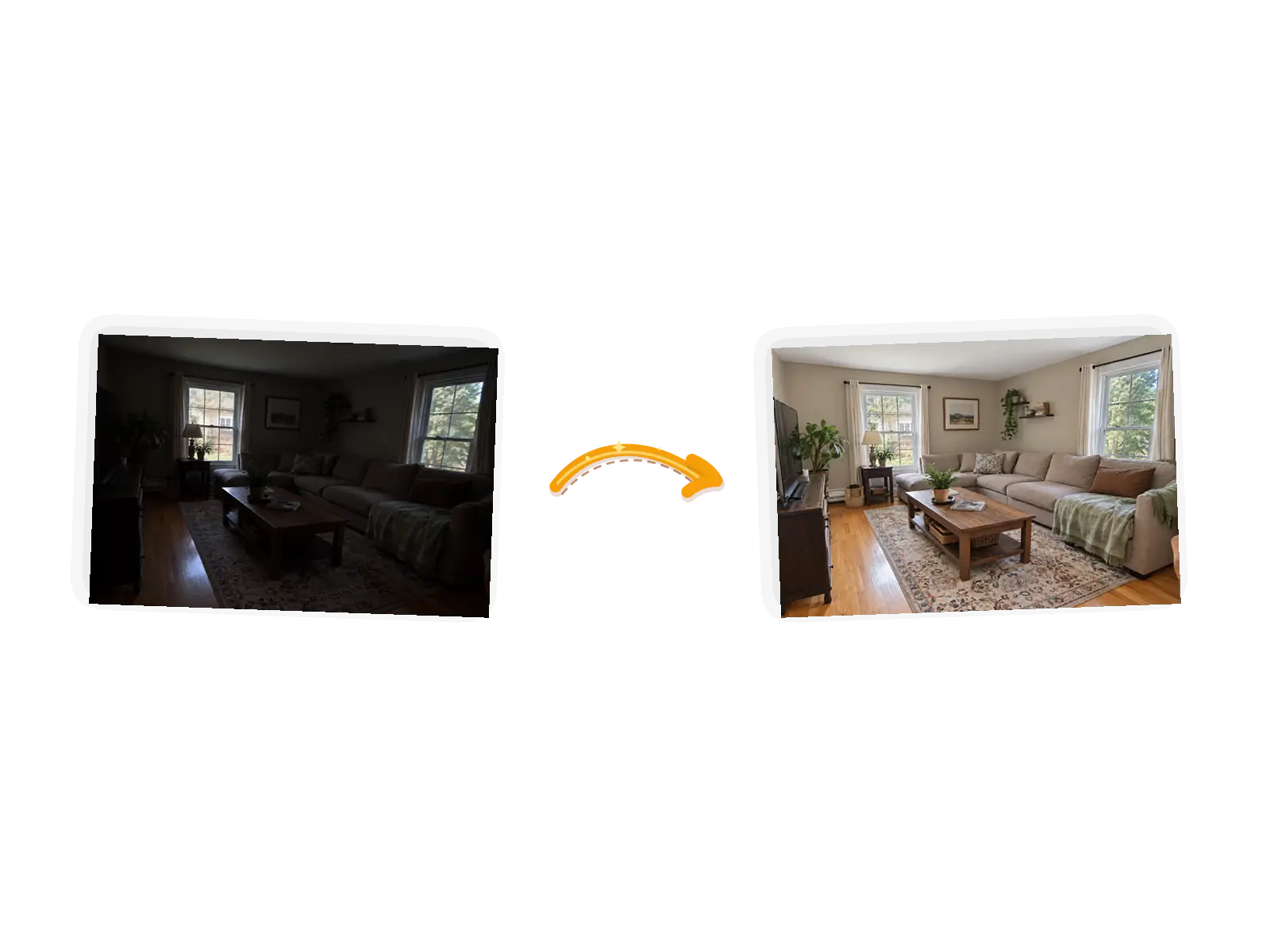 Editor example: a dim living room listing photo brightened with even natural light, input on the left and result on the right