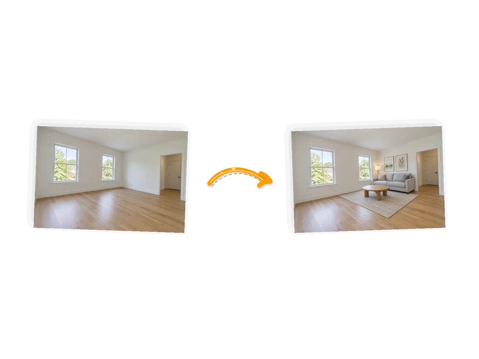Editor example: an empty living room virtually staged with a sofa, table, and rug, input on the left and result on the right