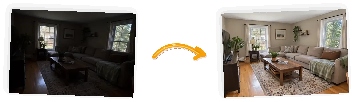 Editor example: a dim living room listing photo brightened with even natural light, input on the left and result on the right