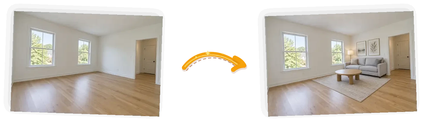 Editor example: an empty living room virtually staged with a sofa, table, and rug, input on the left and result on the right