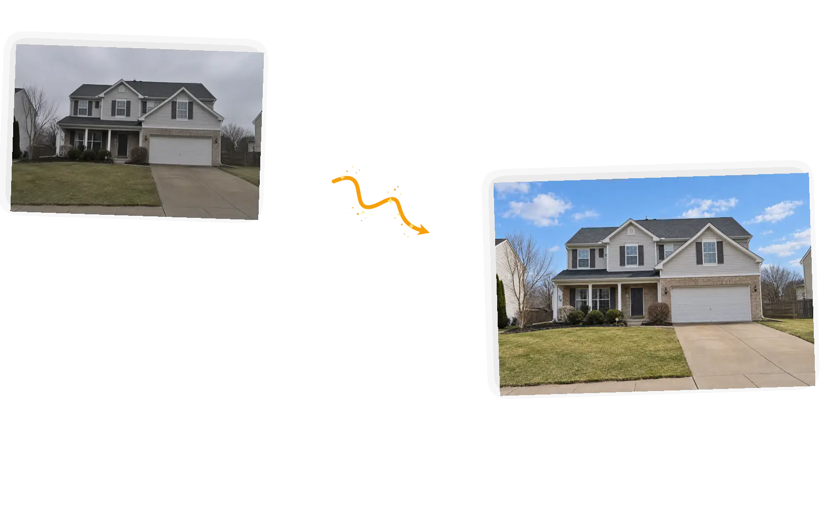 Before and after: a listing exterior with the gray sky replaced by blue