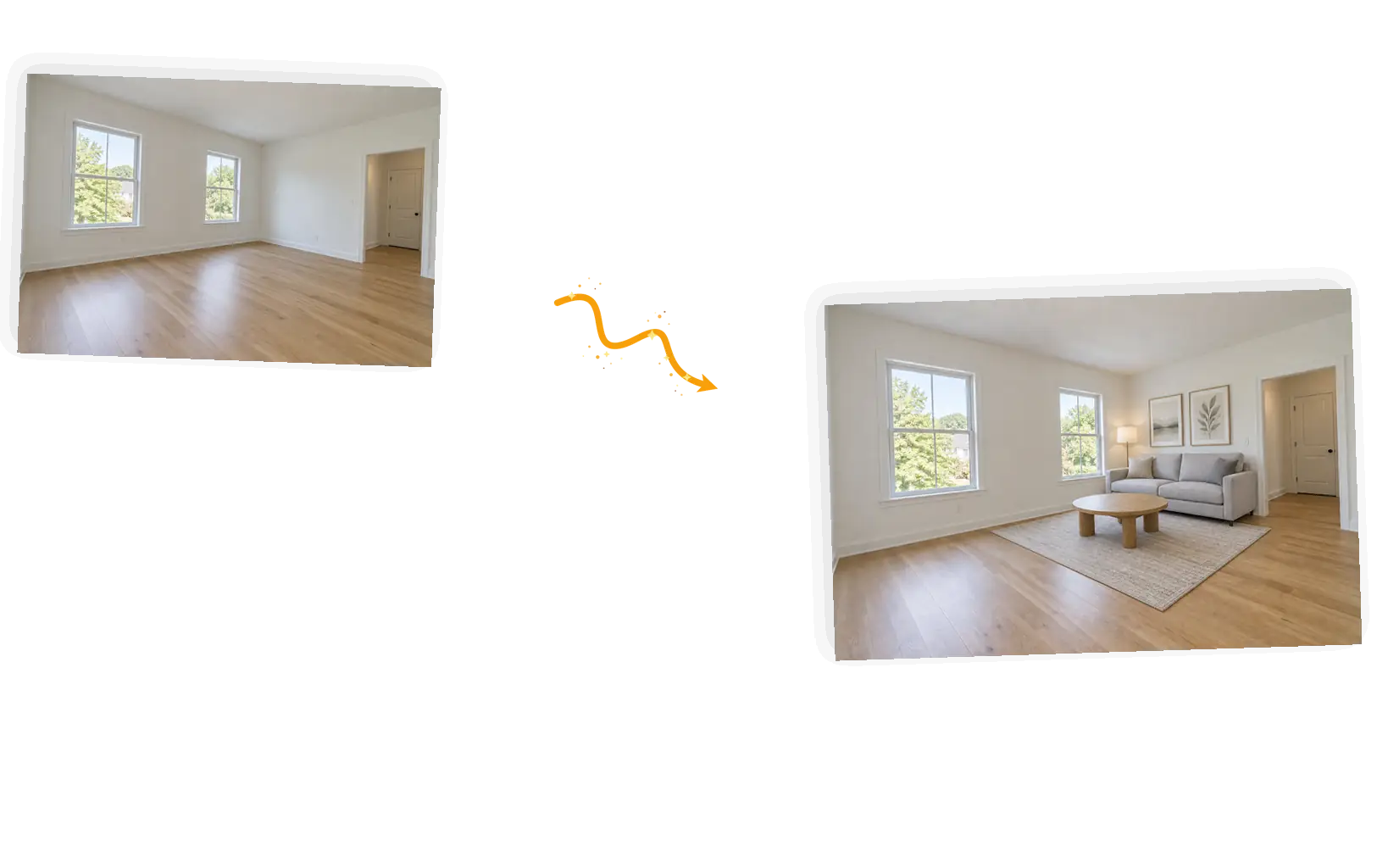 Before and after: an empty room virtually staged with furniture