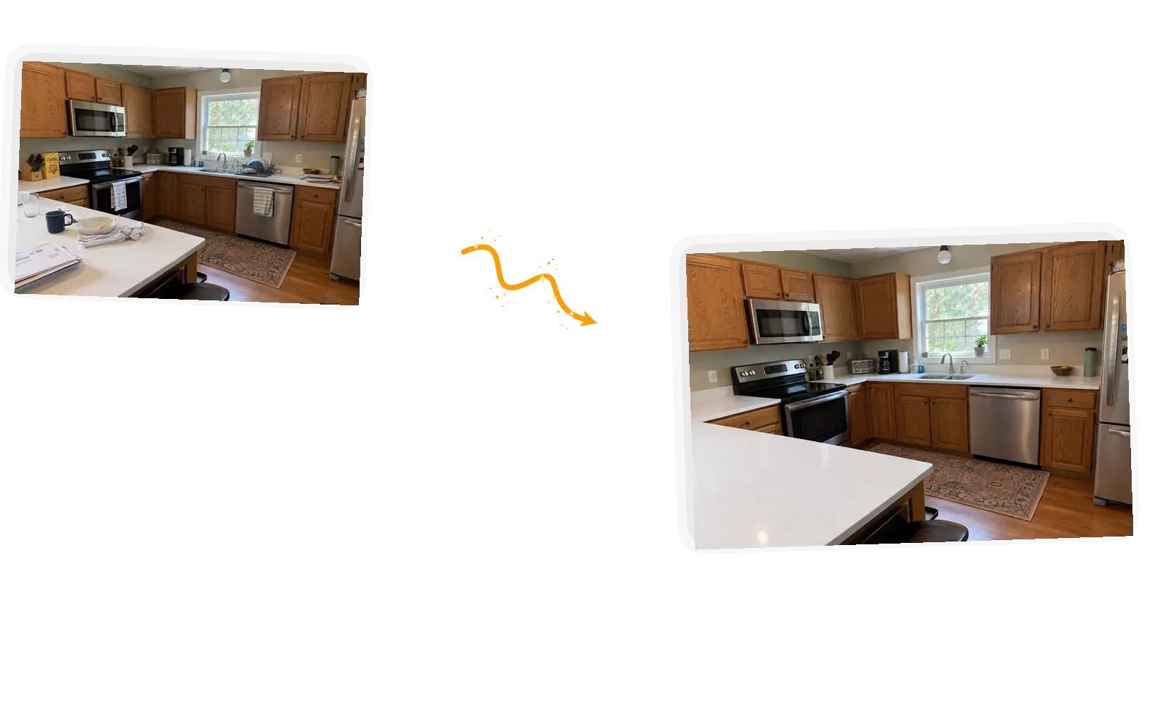 Before and after: a cluttered kitchen counter cleared for listing
