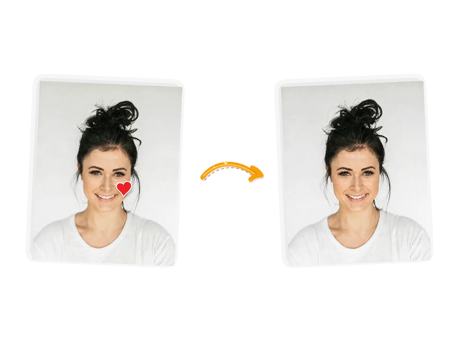 The sticker edit: the same smiling woman with the heart sticker gone from her cheek, the skin rebuilt, her face and white shirt untouched.