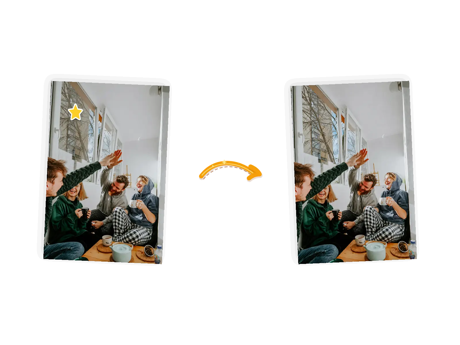 The sticker edit: the same four friends laughing over coffee with the star sticker lifted off the window, the glass and the street view restored.