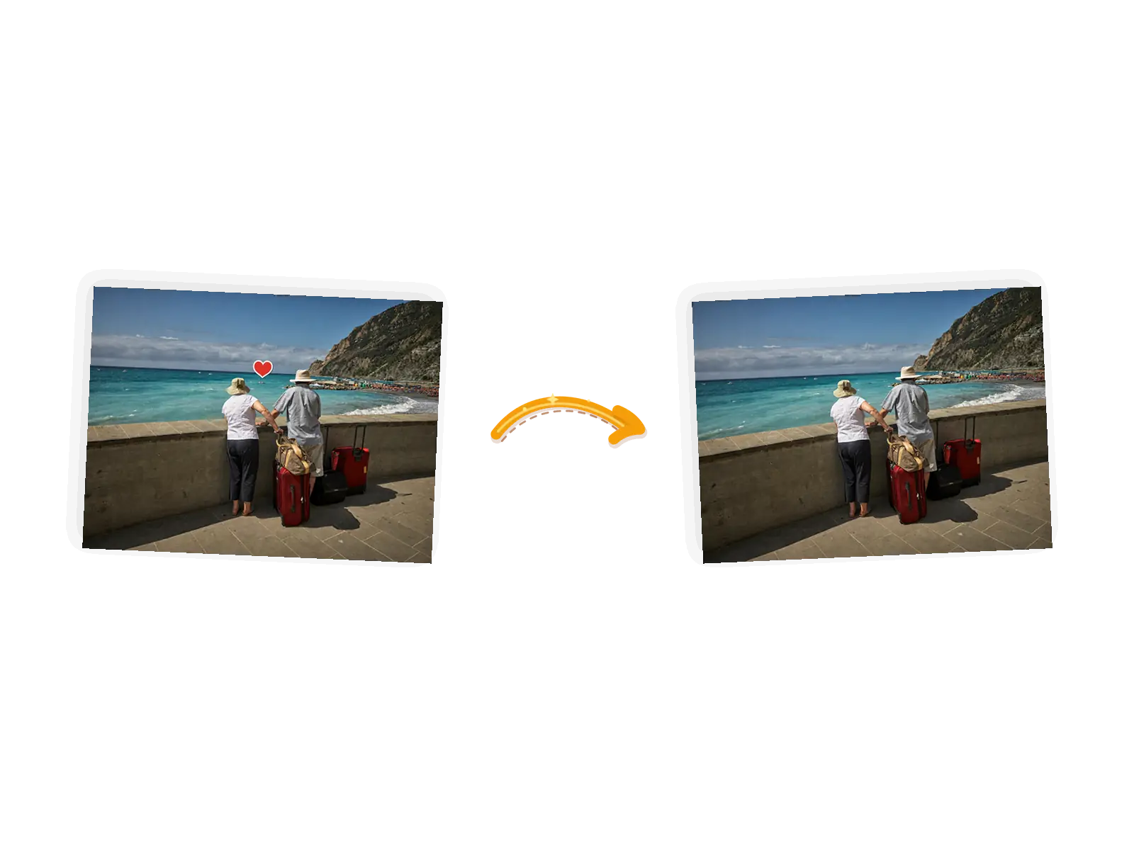 The sticker edit: the same travel couple at the seawall with the heart sticker gone from the water, the sea surface rebuilt between them.