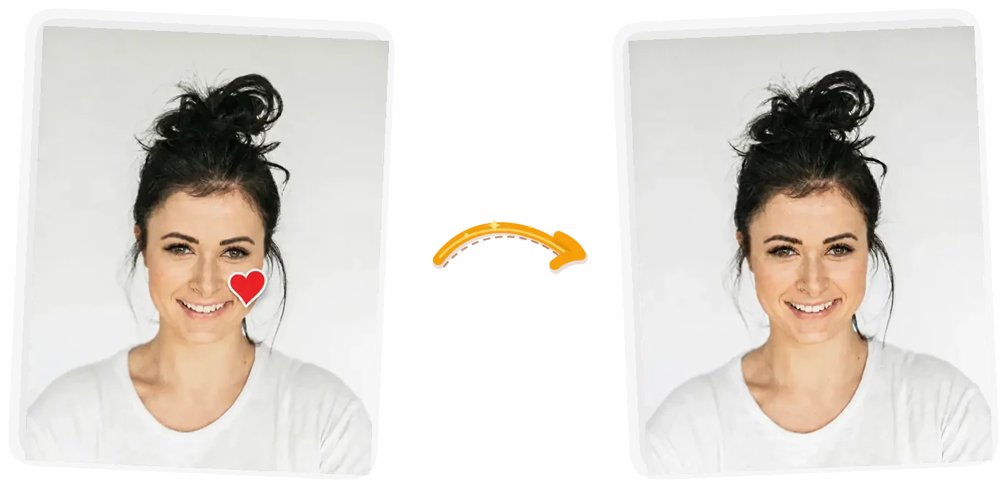 The sticker edit: the same smiling woman with the heart sticker gone from her cheek, the skin rebuilt, her face and white shirt untouched.