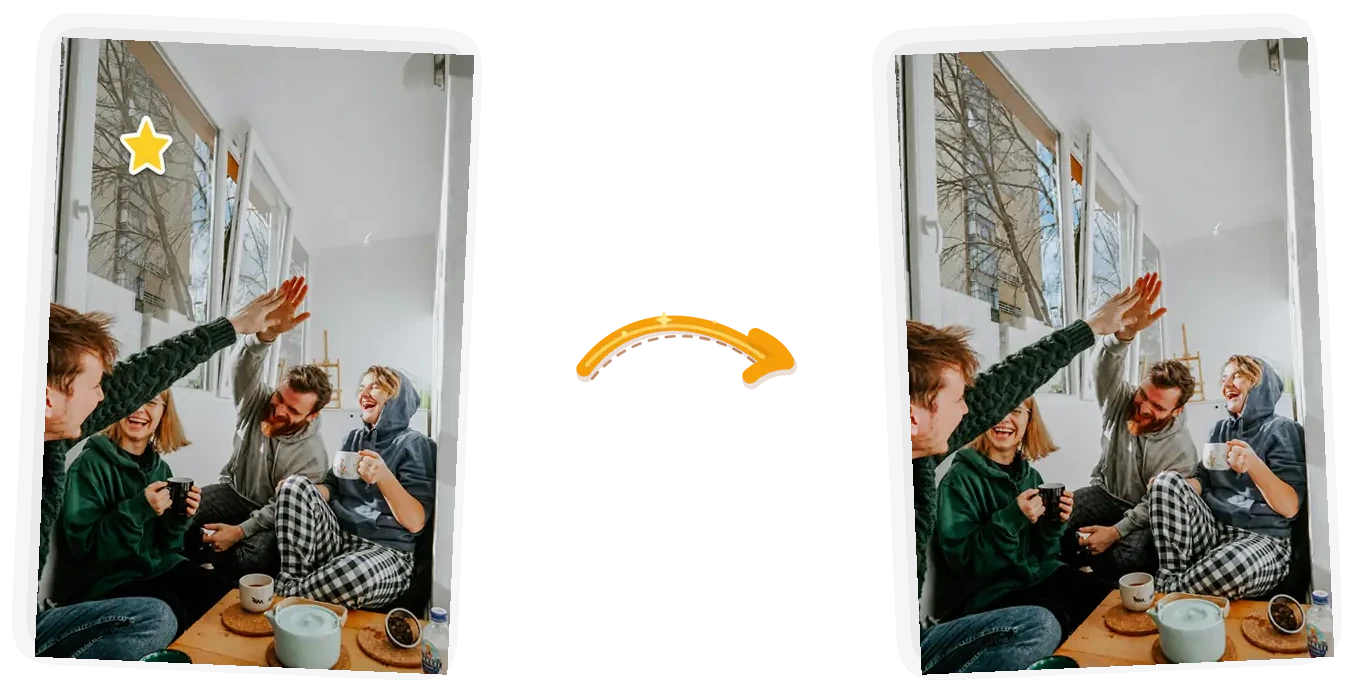 The sticker edit: the same four friends laughing over coffee with the star sticker lifted off the window, the glass and the street view restored.